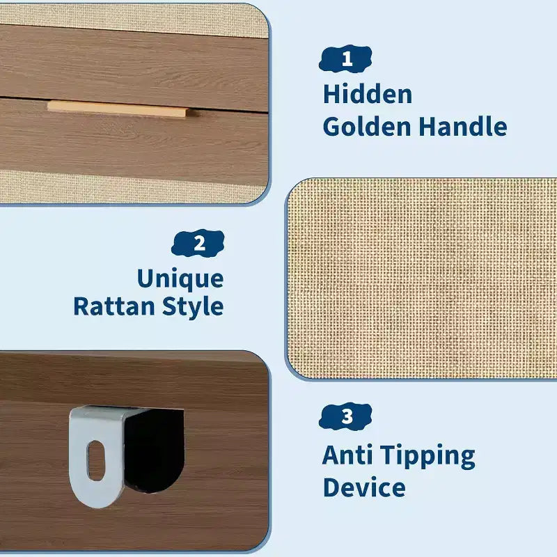 Commode Bohème à 5 Tiroirs, Coffre en Rotin et Bois avec Texture Naturelle pour Chambre à Coucher, Chambre d'Enfant ou Rangement de Salon