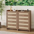 Commode Bohème à 5 Tiroirs, Coffre en Rotin et Bois avec Texture Naturelle pour Chambre à Coucher, Chambre d'Enfant ou Rangement de Salon