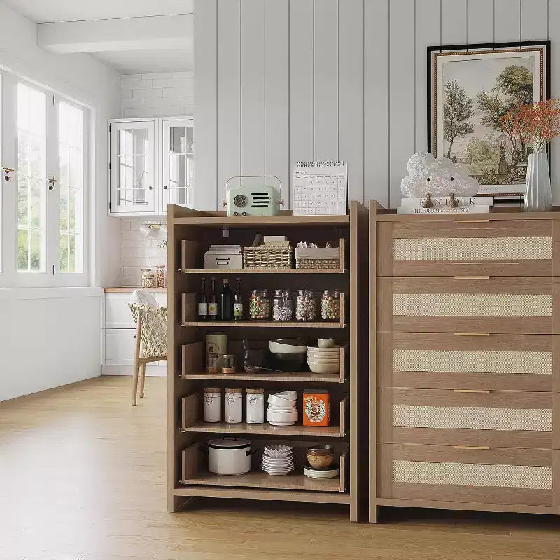 Commode Bohème à 5 Tiroirs, Coffre en Rotin et Bois avec Texture Naturelle pour Chambre à Coucher, Chambre d'Enfant ou Rangement de Salon