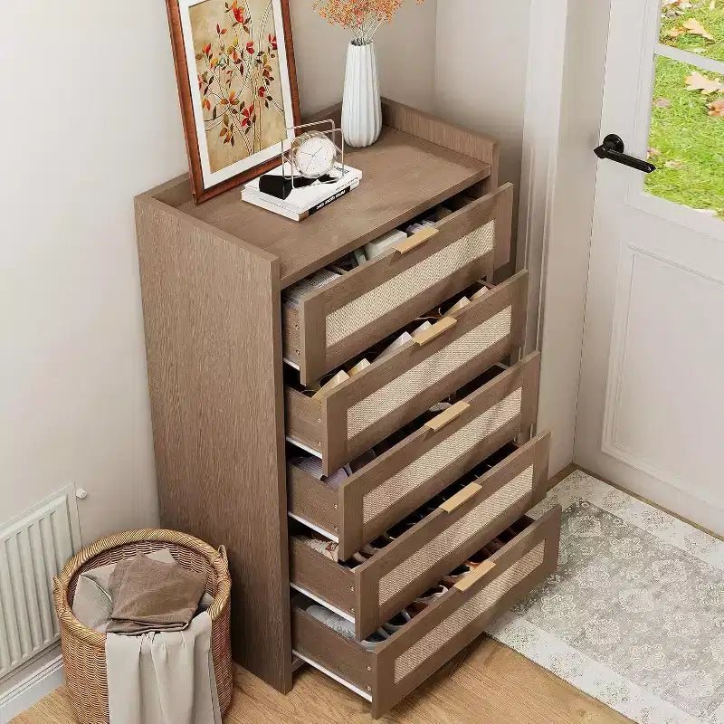 Boho Dresser with 5 Drawers, Rattan and Wood Chest with Natural Texture for Bedroom, Nursery, or Living Room Storage