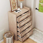 Commode Bohème à 5 Tiroirs, Coffre en Rotin et Bois avec Texture Naturelle pour Chambre à Coucher, Chambre d'Enfant ou Rangement de Salon