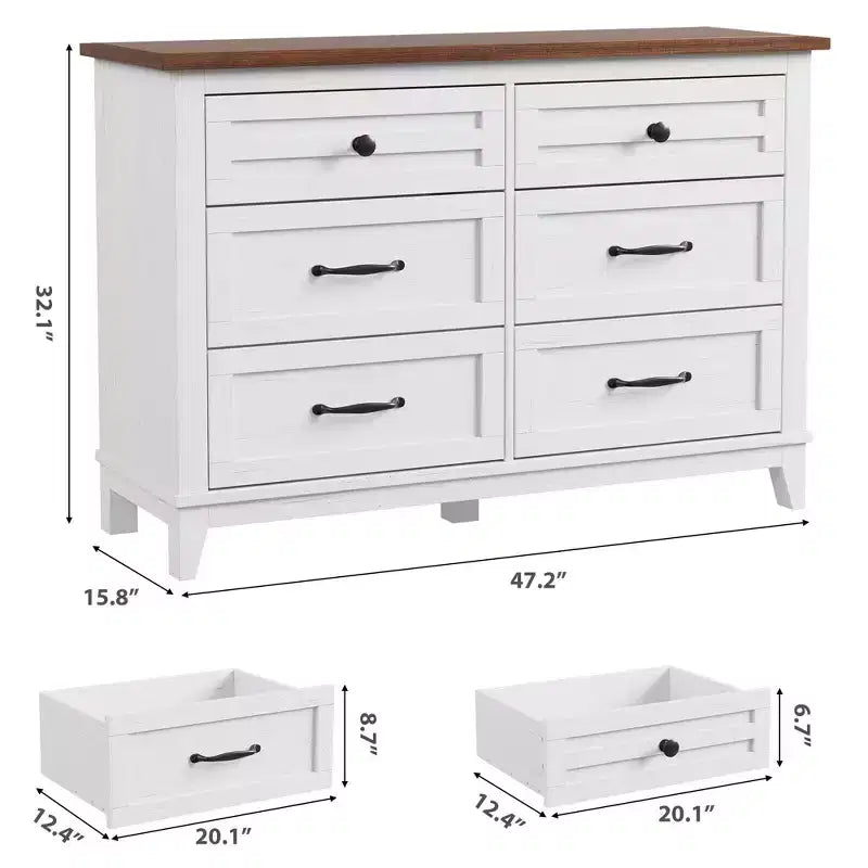 Commode double à 6 tiroirs pour chambre à coucher, Meuble traditionnel, Grande commode de rangement