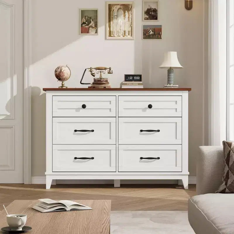 Commode double à 6 tiroirs pour chambre à coucher, Meuble traditionnel, Grande commode de rangement