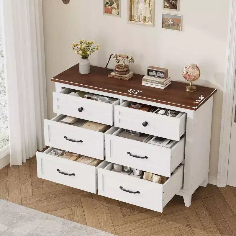Commode double à 6 tiroirs pour chambre à coucher, Meuble traditionnel, Grande commode de rangement