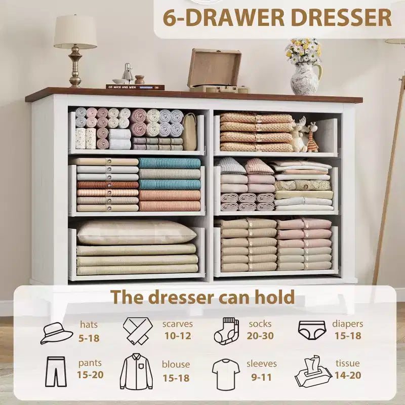 Commode double à 6 tiroirs pour chambre à coucher, Meuble traditionnel, Grande commode de rangement