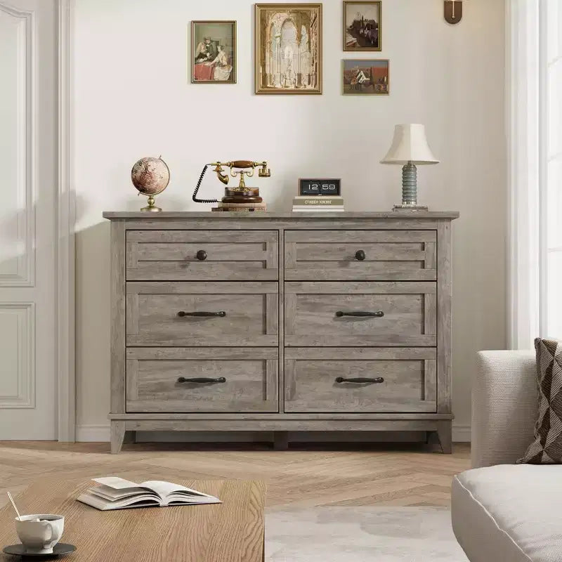 Commode double à 6 tiroirs pour chambre à coucher, Meuble traditionnel, Grande commode de rangement