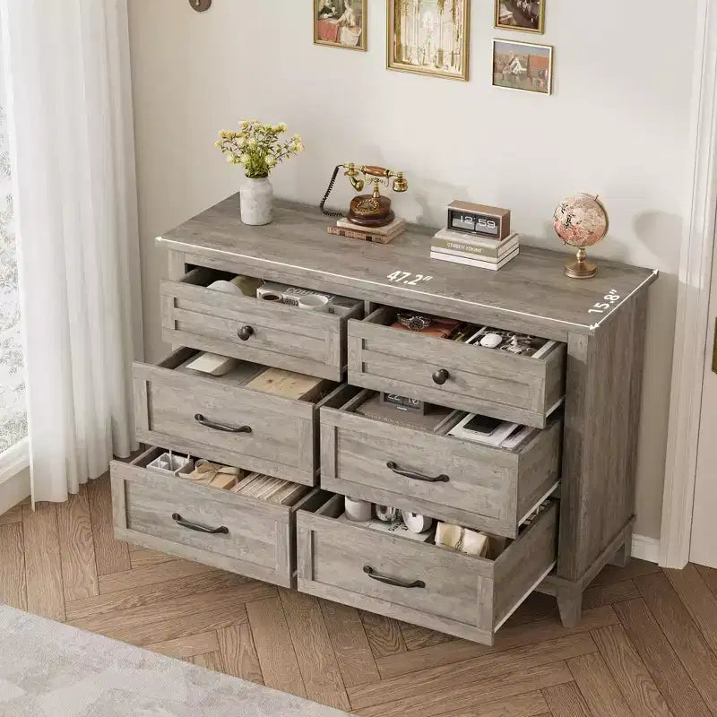 Commode double à 6 tiroirs pour chambre à coucher, Meuble traditionnel, Grande commode de rangement