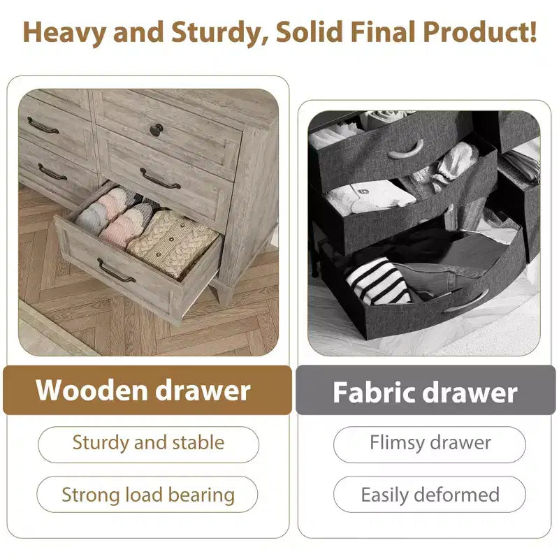 Commode double à 6 tiroirs pour chambre à coucher, Meuble traditionnel, Grande commode de rangement