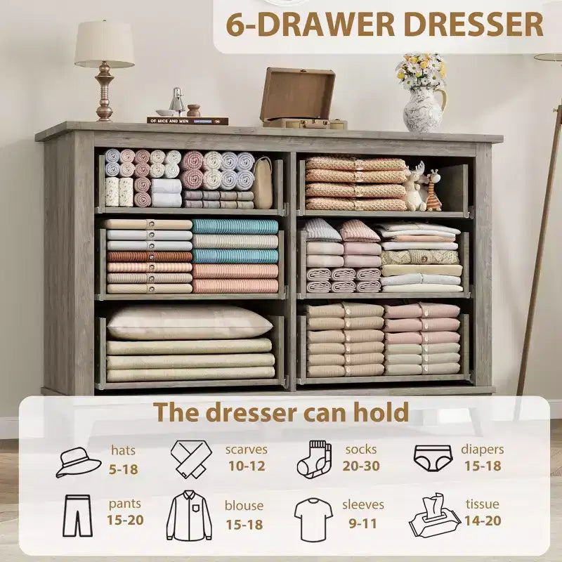 Commode double à 6 tiroirs pour chambre à coucher, Meuble traditionnel, Grande commode de rangement
