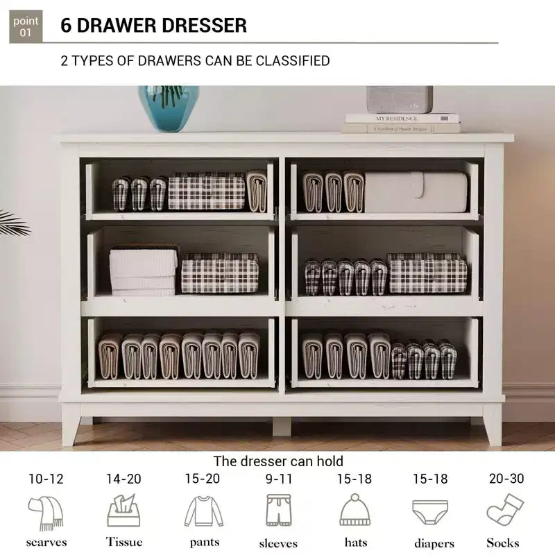 Commode double à 6 tiroirs pour chambre à coucher, Meuble traditionnel, Grande commode de rangement