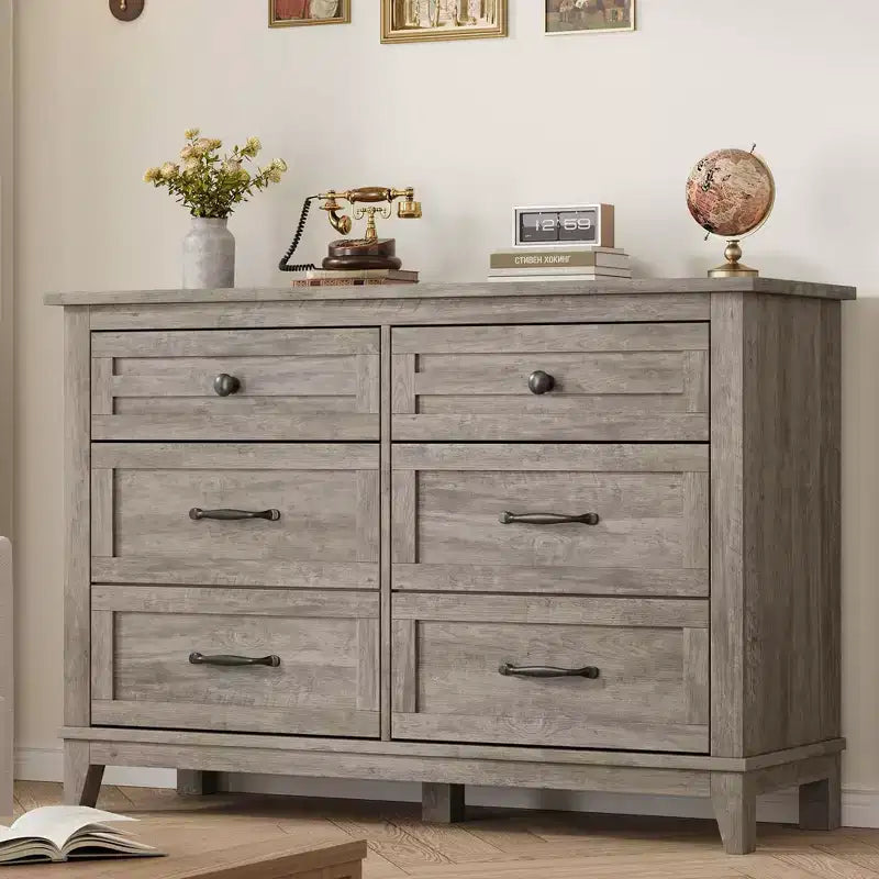 Commode double à 6 tiroirs pour chambre à coucher, Meuble traditionnel, Grande commode de rangement