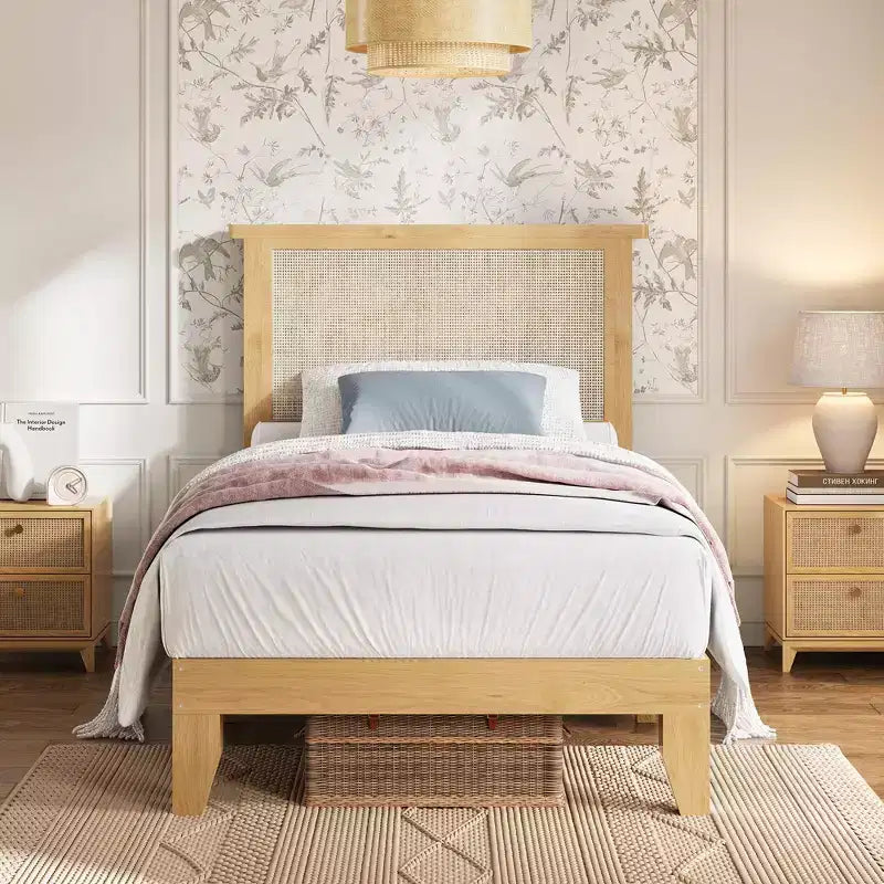 Bed Frame, Natural Rattan Headboard Bed Frame, Noise-Free Platform Bed Frame With Wooden Support Legs and Slats, Easy Assembly, No Box Spring Needed