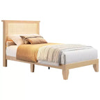 Cadre de lit, Cadre de lit en rotin naturel avec tête de lit, Cadre de lit plateforme silencieux avec pieds et lattes de support en bois, Assemblage facile, Aucun sommier tapissier requis