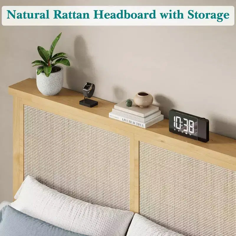 Cadre de lit, Cadre de lit en rotin naturel avec tête de lit, Cadre de lit plateforme silencieux avec pieds et lattes de support en bois, Assemblage facile, Aucun sommier tapissier requis