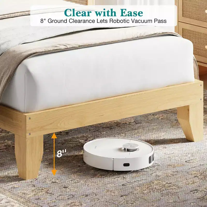 Cadre de lit, Cadre de lit en rotin naturel avec tête de lit, Cadre de lit plateforme silencieux avec pieds et lattes de support en bois, Assemblage facile, Aucun sommier tapissier requis