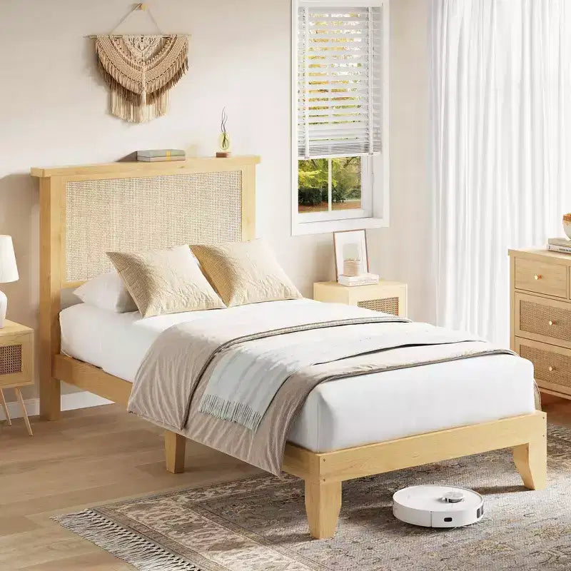 Cadre de lit, Cadre de lit en rotin naturel avec tête de lit, Cadre de lit plateforme silencieux avec pieds et lattes de support en bois, Assemblage facile, Aucun sommier tapissier requis