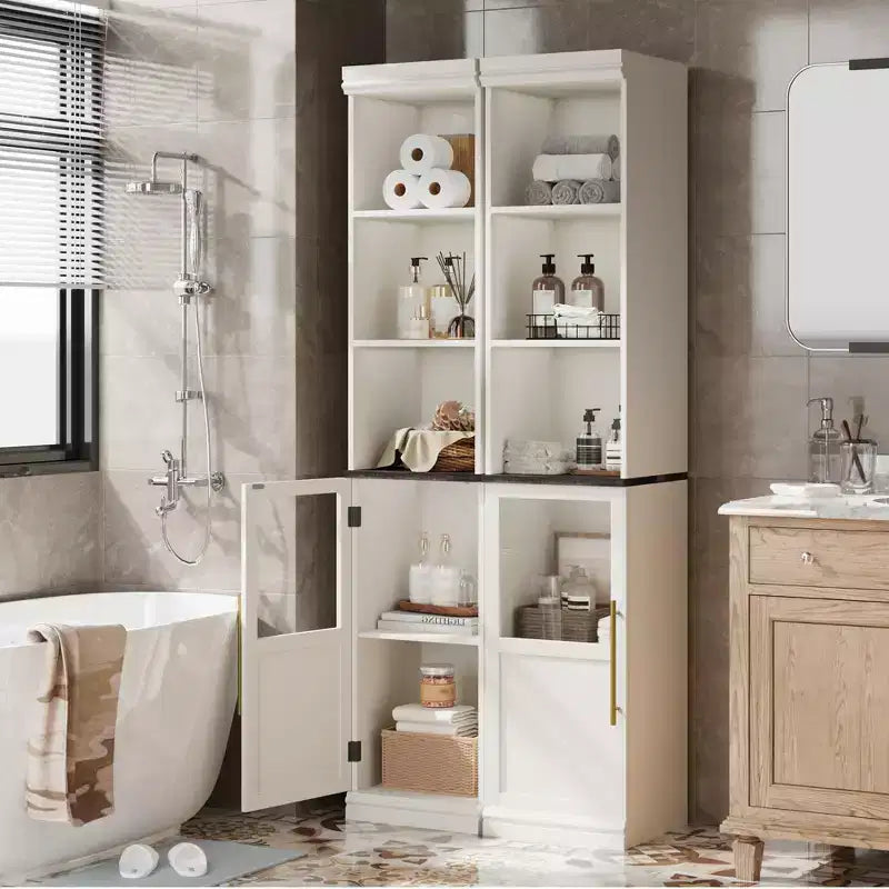 Meuble de rangement de salle de bain 70, armoire de salle de bain autoportante du sol au plafond avec portes et étagères ouvertes pour petits espaces, cuisines, couleur naturelle
