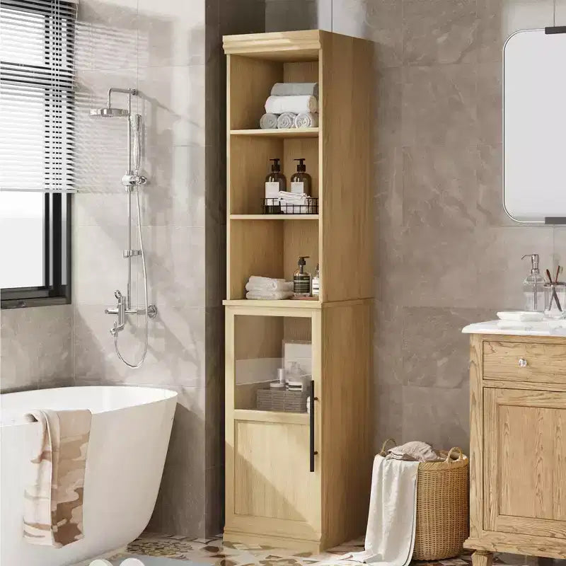 Meuble de rangement de salle de bain 70, armoire de salle de bain autoportante du sol au plafond avec portes et étagères ouvertes pour petits espaces, cuisines, couleur naturelle