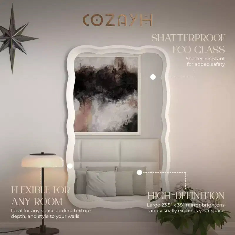 COZAYH Miroir mural incurvé en bois, décoration murale moderne de style rustique, blanc