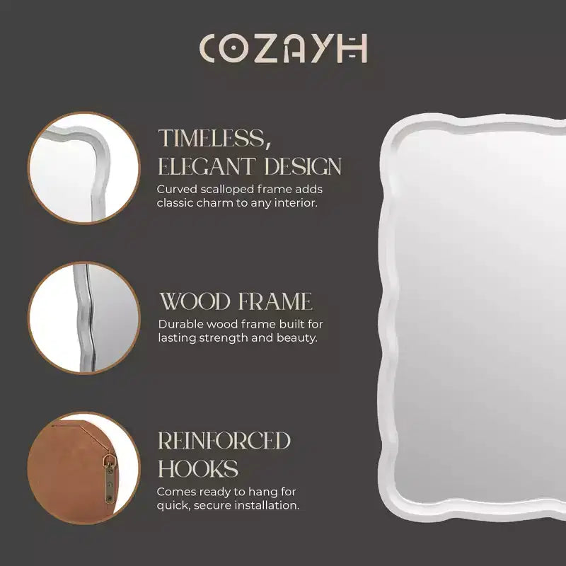 COZAYH Miroir mural incurvé en bois, décoration murale moderne de style rustique, blanc