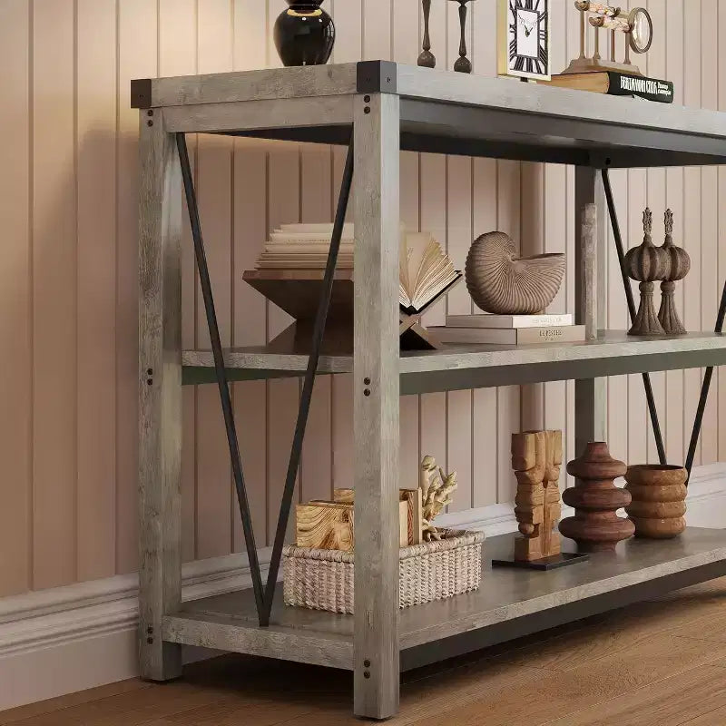 47 Table console d'entrée C, Table de canapé étroite à 3 niveaux avec étagères de rangement (Gris, pour salon/couloir/cuisine)