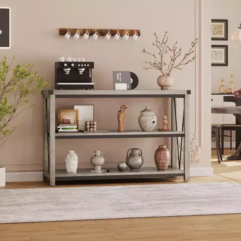 47 Table console d'entrée C, Table de canapé étroite à 3 niveaux avec étagères de rangement (Gris, pour salon/couloir/cuisine)