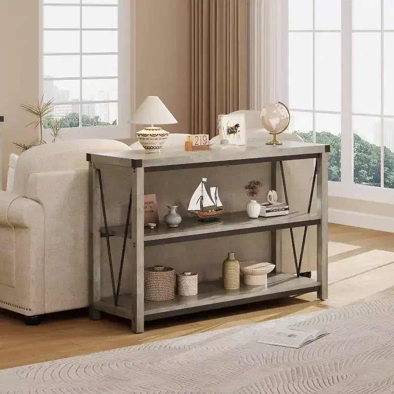 47 Table console d'entrée C, Table de canapé étroite à 3 niveaux avec étagères de rangement (Gris, pour salon/couloir/cuisine)