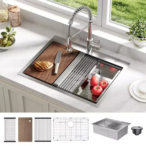 Évier de cuisine intégré en acier inoxydable 30 x 18 x 9, un seul bac (avec accessoires) et robinet coulissant, évier de travail moderne à poser