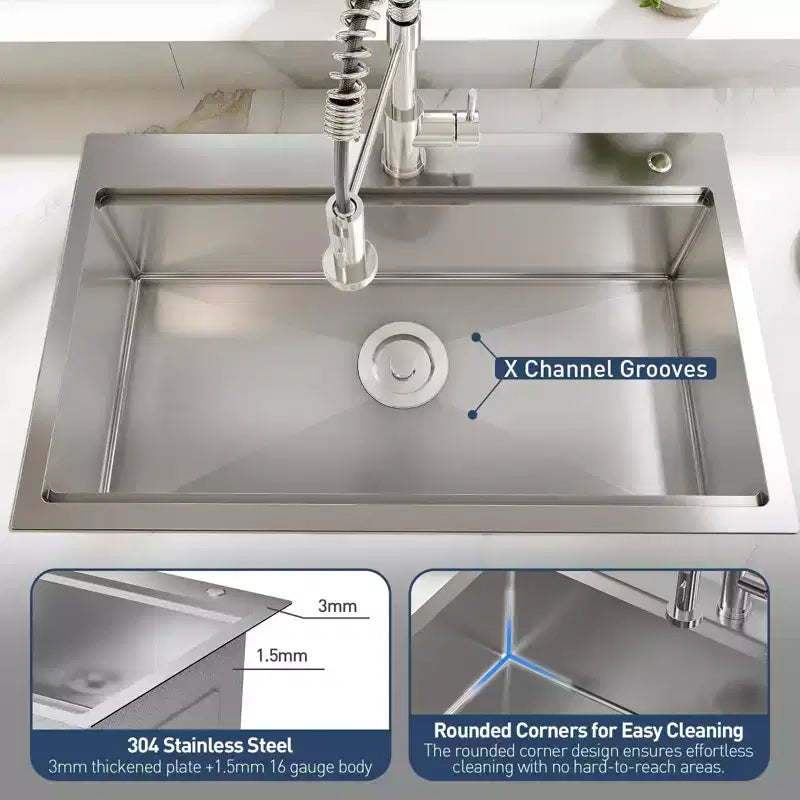 Évier de cuisine intégré en acier inoxydable 30 x 18 x 9, un seul bac (avec accessoires) et robinet coulissant, évier de travail moderne à poser