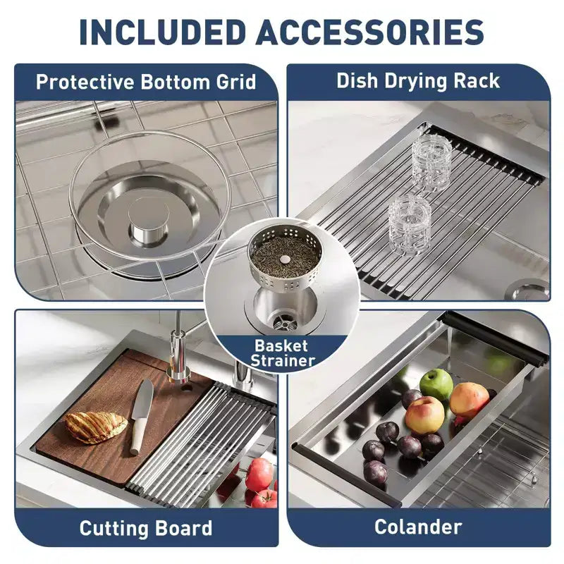 Évier de cuisine intégré en acier inoxydable 30 x 18 x 9, un seul bac (avec accessoires) et robinet coulissant, évier de travail moderne à poser