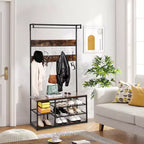 Brown 3-in-1 Entryway Bench with Shoe Storage & Coat Rack, Sturdy Hooks & Shelves, Space-Saving Design for Hallway, Living Room, Apartment