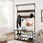 Banc d'entrée marron 3-en-1 avec rangement à chaussures et porte-manteau, crochets et étagères robustes, design peu encombrant pour couloir, salon, appartement