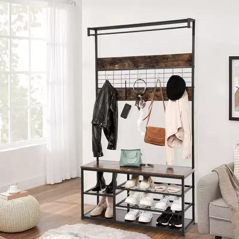 Banc d'entrée marron 3-en-1 avec rangement à chaussures et porte-manteau, crochets et étagères robustes, design peu encombrant pour couloir, salon, appartement