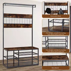 Banc d'entrée marron 3-en-1 avec rangement à chaussures et porte-manteau, crochets et étagères robustes, design peu encombrant pour couloir, salon, appartement
