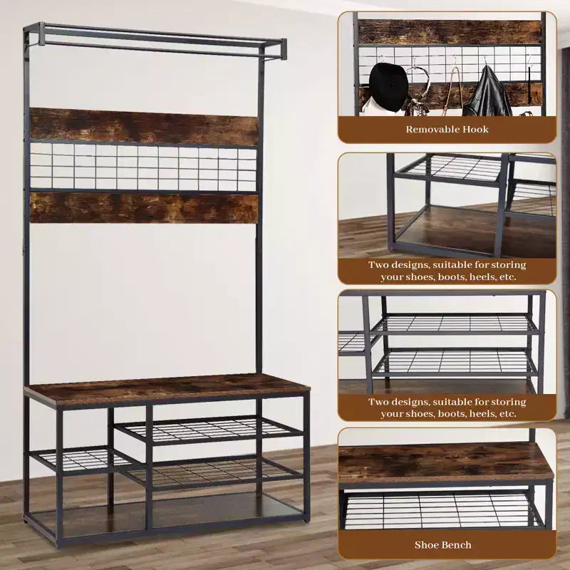Banc d'entrée marron 3-en-1 avec rangement à chaussures et porte-manteau, crochets et étagères robustes, design peu encombrant pour couloir, salon, appartement