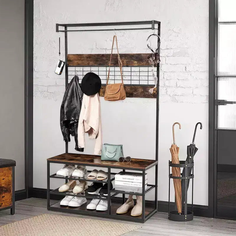 Banc d'entrée marron 3-en-1 avec rangement à chaussures et porte-manteau, crochets et étagères robustes, design peu encombrant pour couloir, salon, appartement
