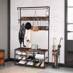 Banc d'entrée marron 3-en-1 avec rangement à chaussures et porte-manteau, crochets et étagères robustes, design peu encombrant pour couloir, salon, appartement