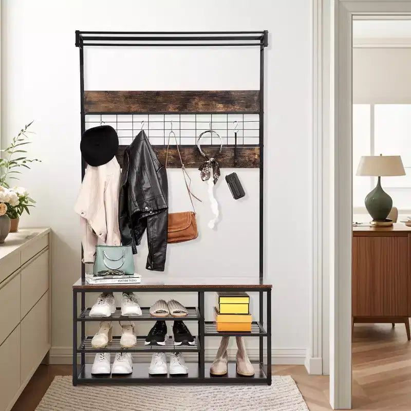 Banc d'entrée marron 3-en-1 avec rangement à chaussures et porte-manteau, crochets et étagères robustes, design peu encombrant pour couloir, salon, appartement