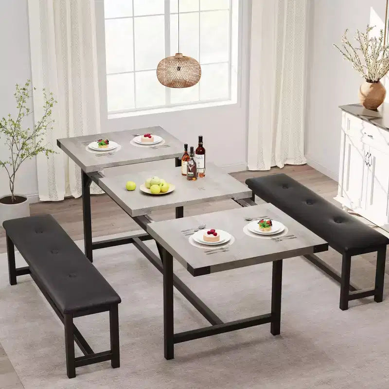 63 Ensemble de table à manger pour 4-8 personnes, grand ensemble de table de cuisine extensible avec 2 bancs rembourrés pour 6 personnes, ensemble de table à manger rectangulaire 3 pièces pour 4 personnes