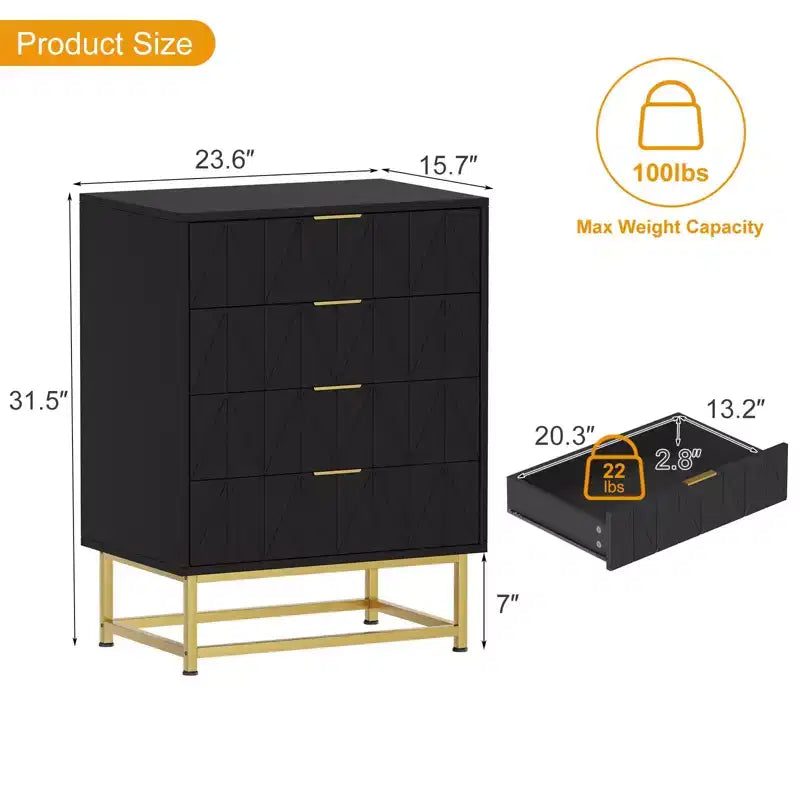 Commode à 4 tiroirs pour chambre à coucher, commode moderne en bois avec pieds en métal pour chambre à coucher, couloir et salon