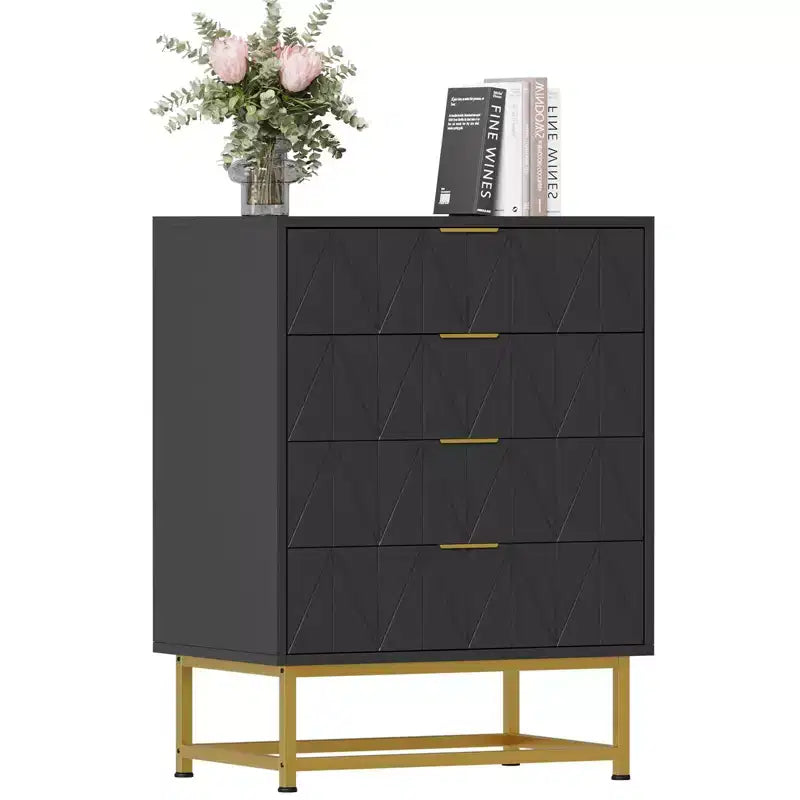Commode à 4 tiroirs pour chambre à coucher, commode moderne en bois avec pieds en métal pour chambre à coucher, couloir et salon