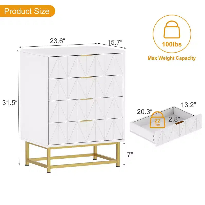Commode à 4 tiroirs pour chambre à coucher, commode moderne en bois avec pieds en métal pour chambre à coucher, couloir et salon