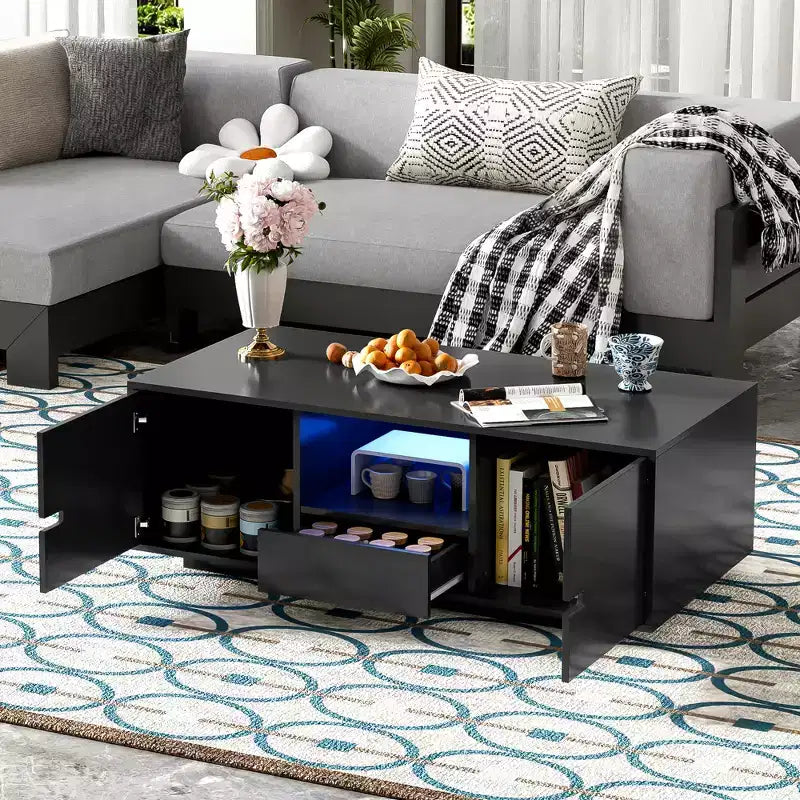 Bestier Modern High Glossy Rectangle Coffee Table, Stylish Center Table with Storage Space, Accent Furniture with 16 Color LED Lights for Living Room