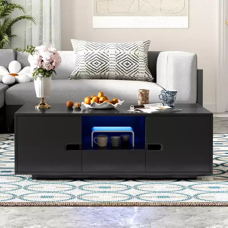 Table basse rectangulaire moderne Bestier, brillante et élégante, avec espace de rangement et 16 couleurs de lumières LED pour le salon