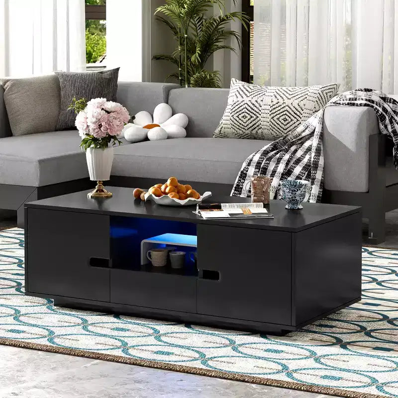 Table basse rectangulaire moderne Bestier, brillante et élégante, avec espace de rangement et 16 couleurs de lumières LED pour le salon