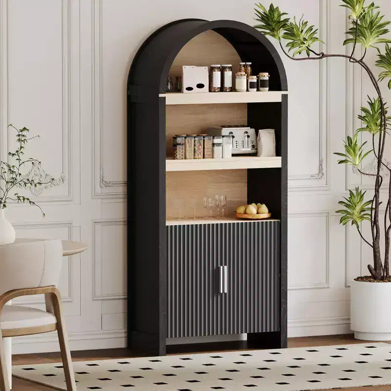Étagère de rangement arquée, bibliothèque moderne de 180 cm, cinq étagères avec portes encastrées et étagères de présentation ouvertes pour bureau, salle à manger, salon