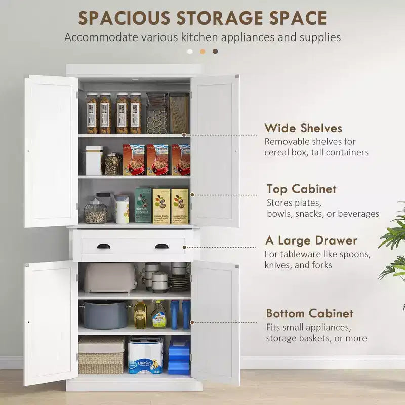 Armoire de cuisine de 72,5 po, Armoire de rangement pour garde-manger avec portes et étagères, Armoire de garde-manger sur pied en grain de bois