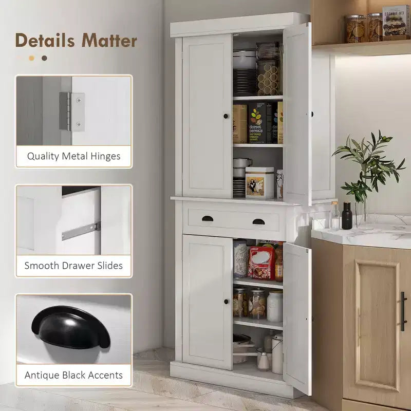 Armoire de cuisine de 72,5 po, Armoire de rangement pour garde-manger avec portes et étagères, Armoire de garde-manger sur pied en grain de bois