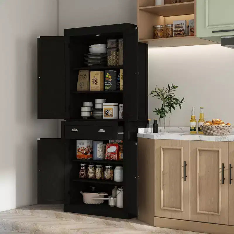 Armoire de cuisine de 72,5 po, Armoire de rangement pour garde-manger avec portes et étagères, Armoire de garde-manger sur pied en grain de bois