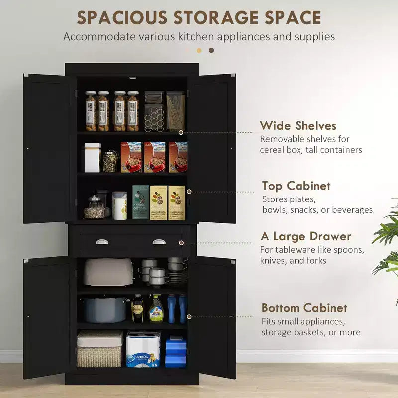 Armoire de cuisine de 72,5 po, Armoire de rangement pour garde-manger avec portes et étagères, Armoire de garde-manger sur pied en grain de bois